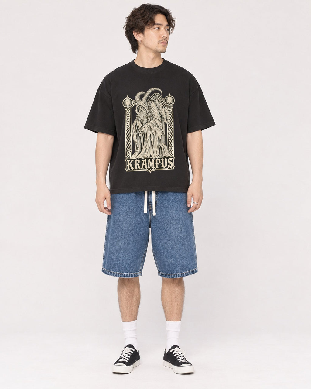 Mockup Boxy Heavyweight Tee Black male full-body 03