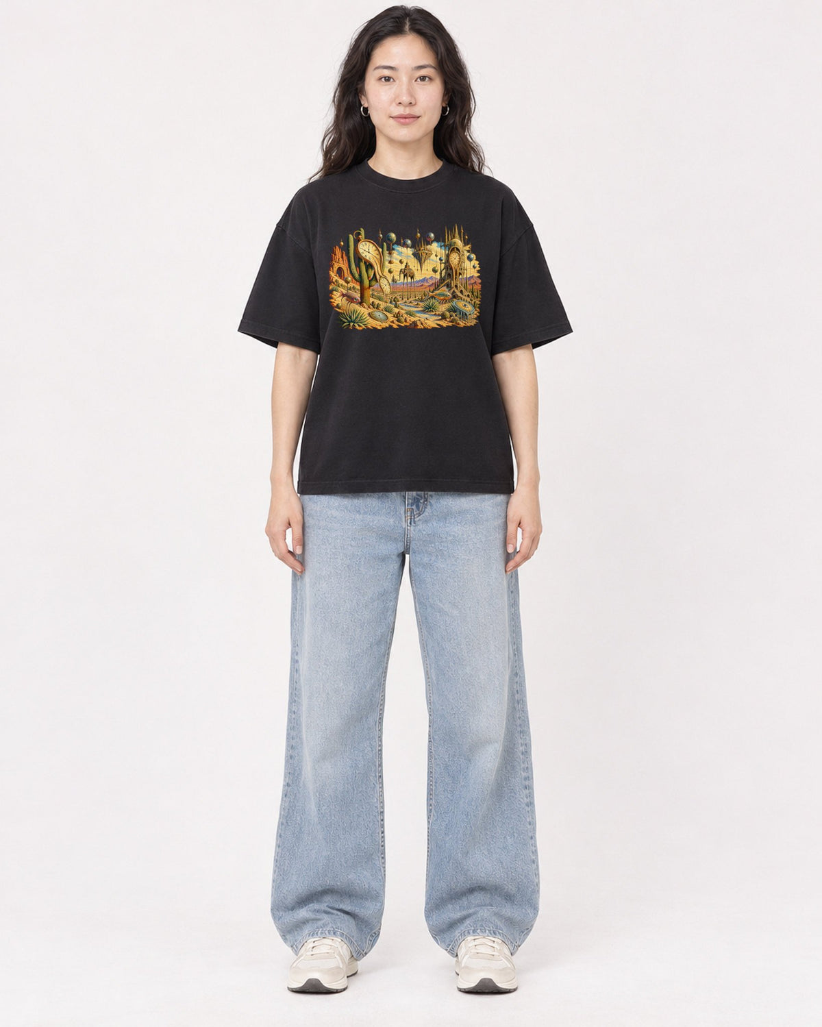 Mockup Boxy Heavyweight Tee Black female full-body 03