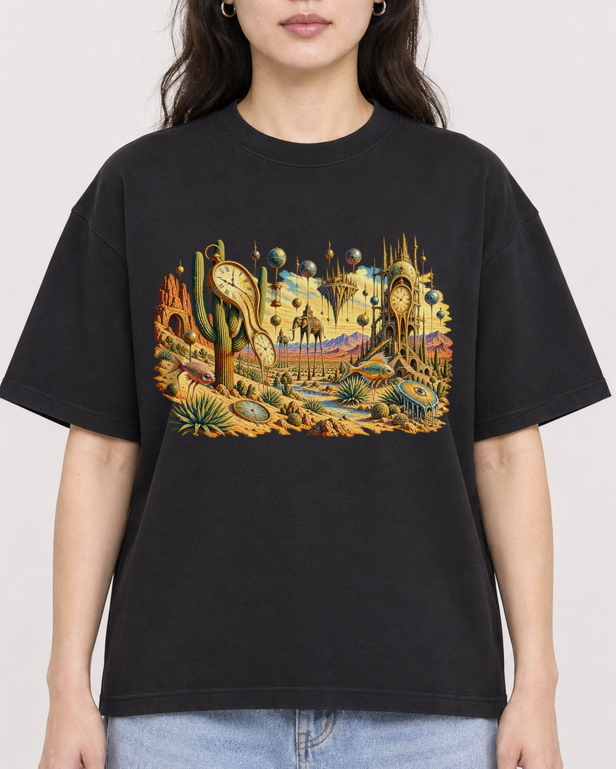Mockup Boxy Heavyweight Tee Black female close-up 03