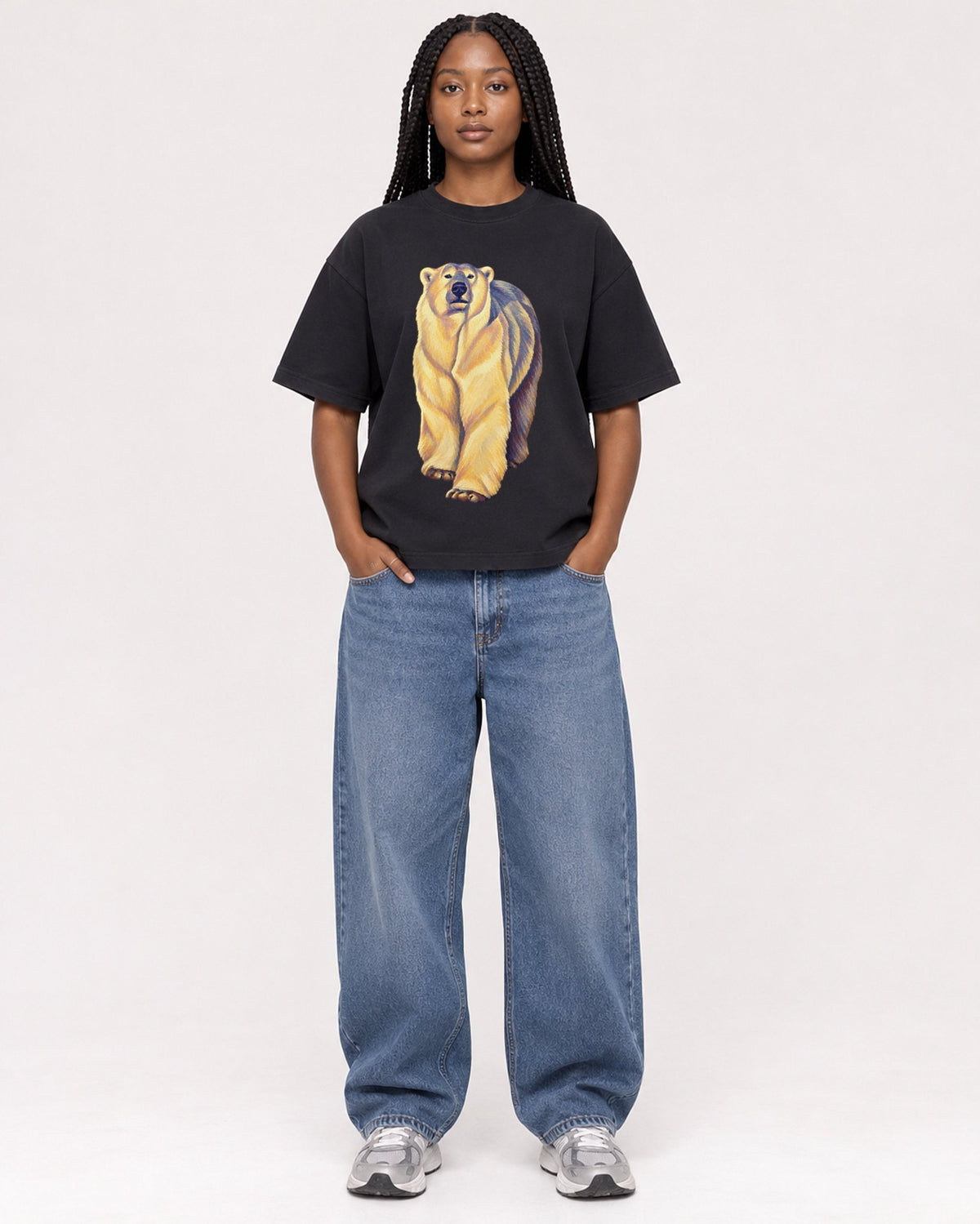 Mockup Boxy Heavyweight Tee Black female full-body 04