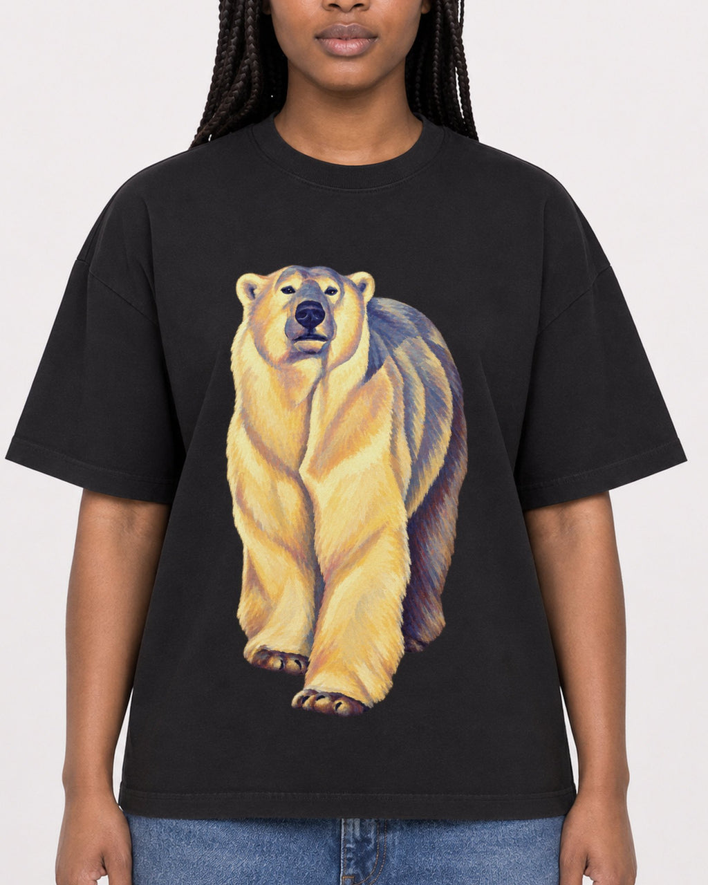 Mockup Boxy Heavyweight Tee Black female close-up 04
