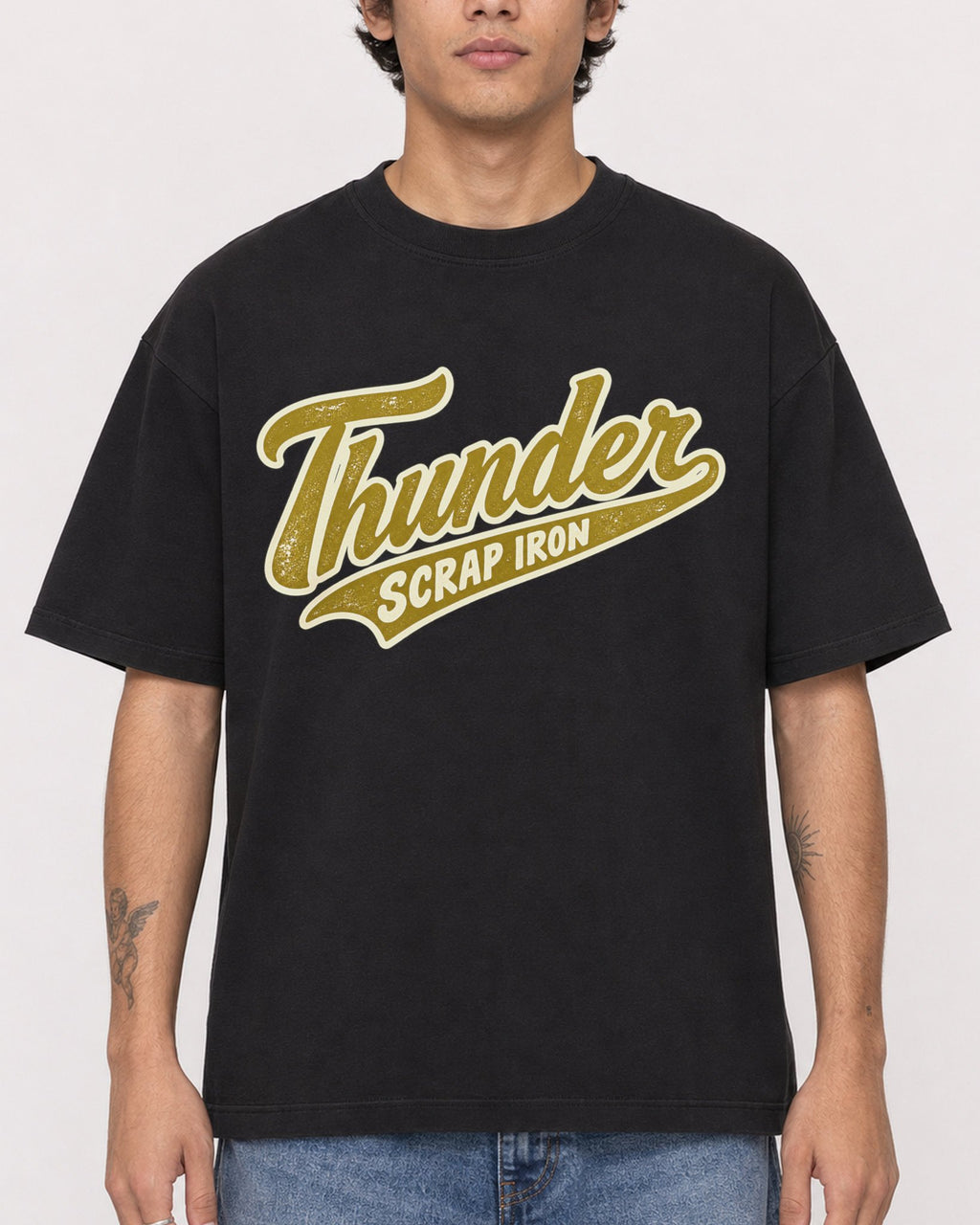 Mockup Boxy Heavyweight Tee Black male close-up 06