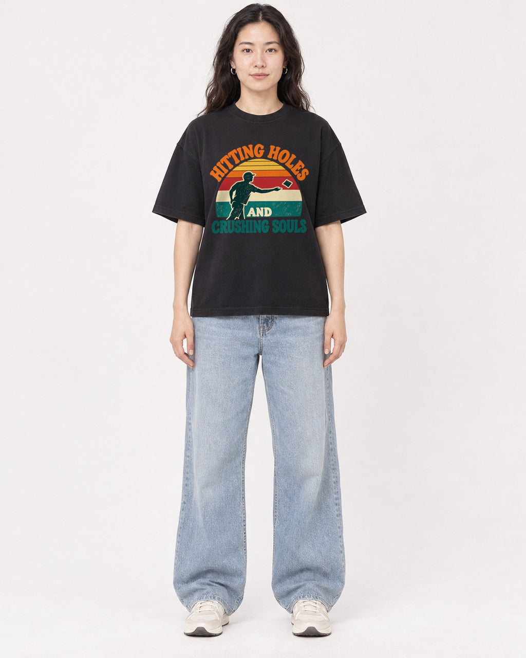 Mockup Boxy Heavyweight Tee Black female full-body 03