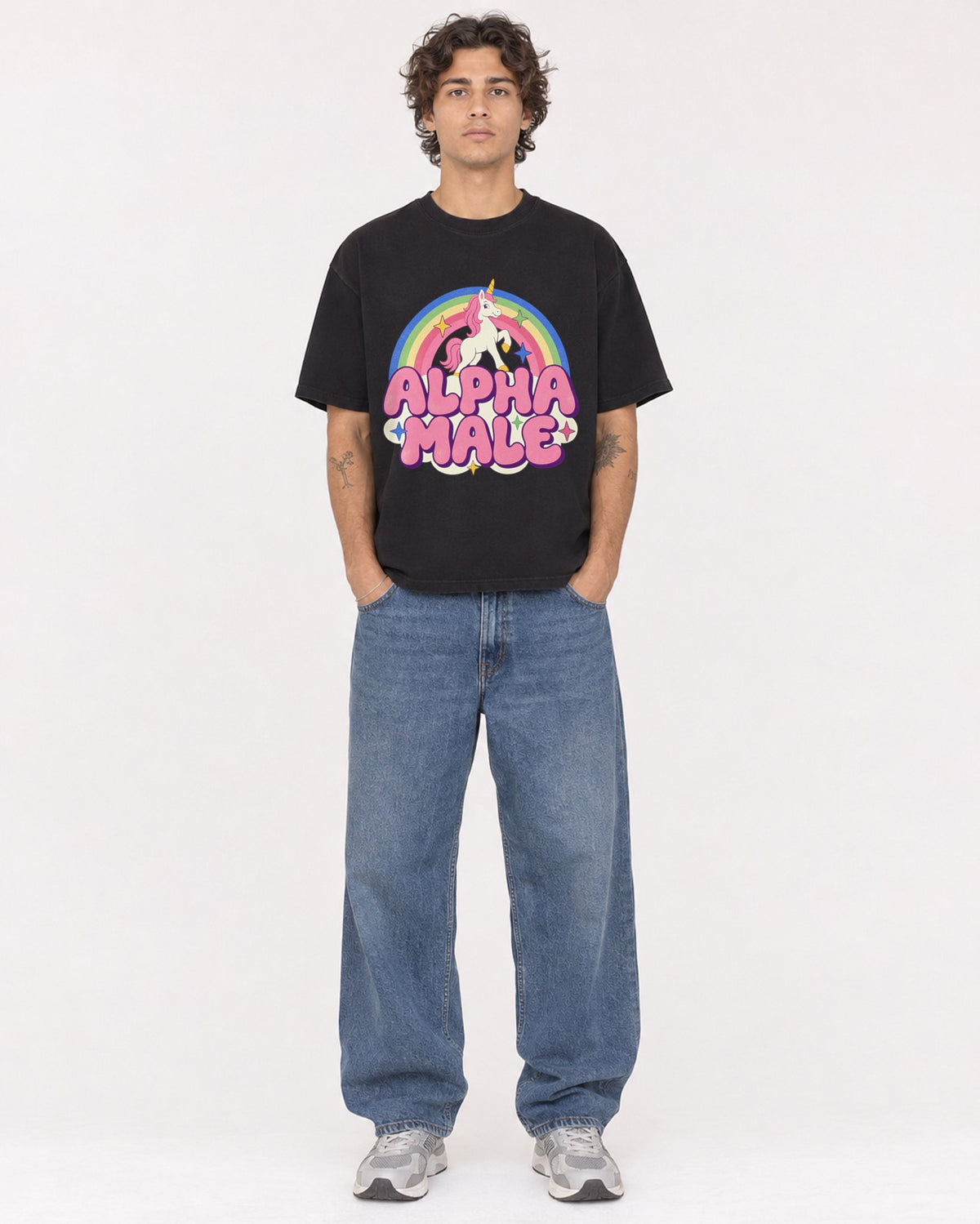Mockup Boxy Heavyweight Tee Black male full-body 30
