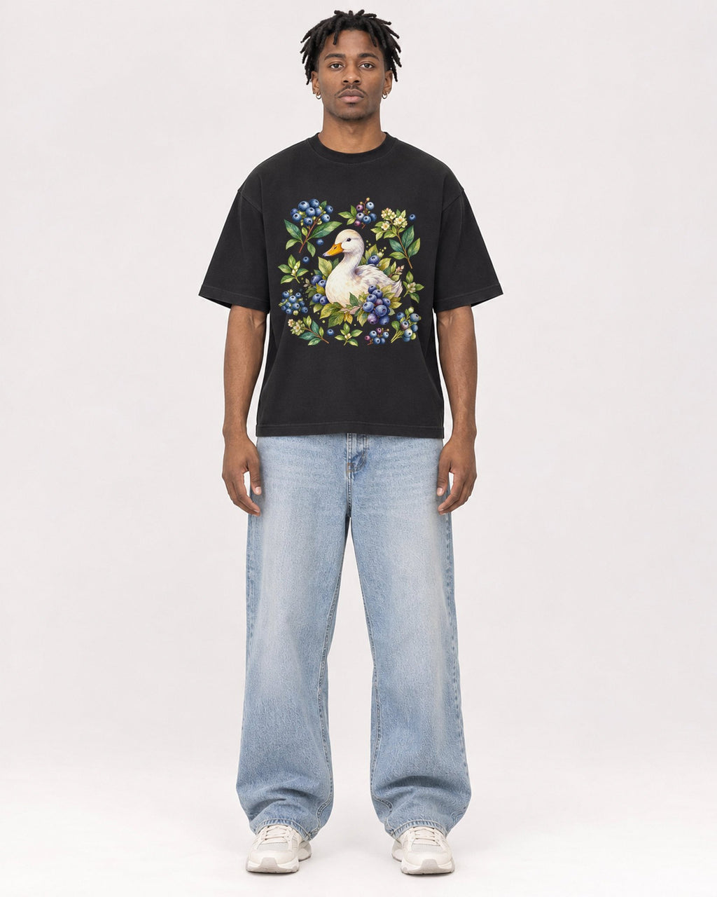 Mockup Boxy Heavyweight Tee Black male full-body 05