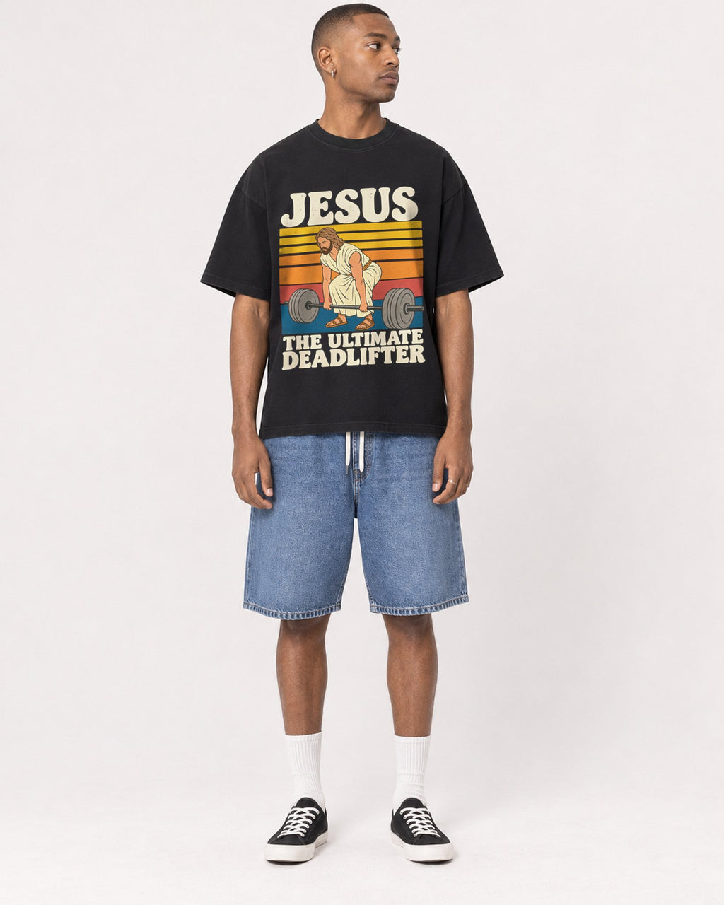 Mockup Boxy Heavyweight Tee Black male full-body 35