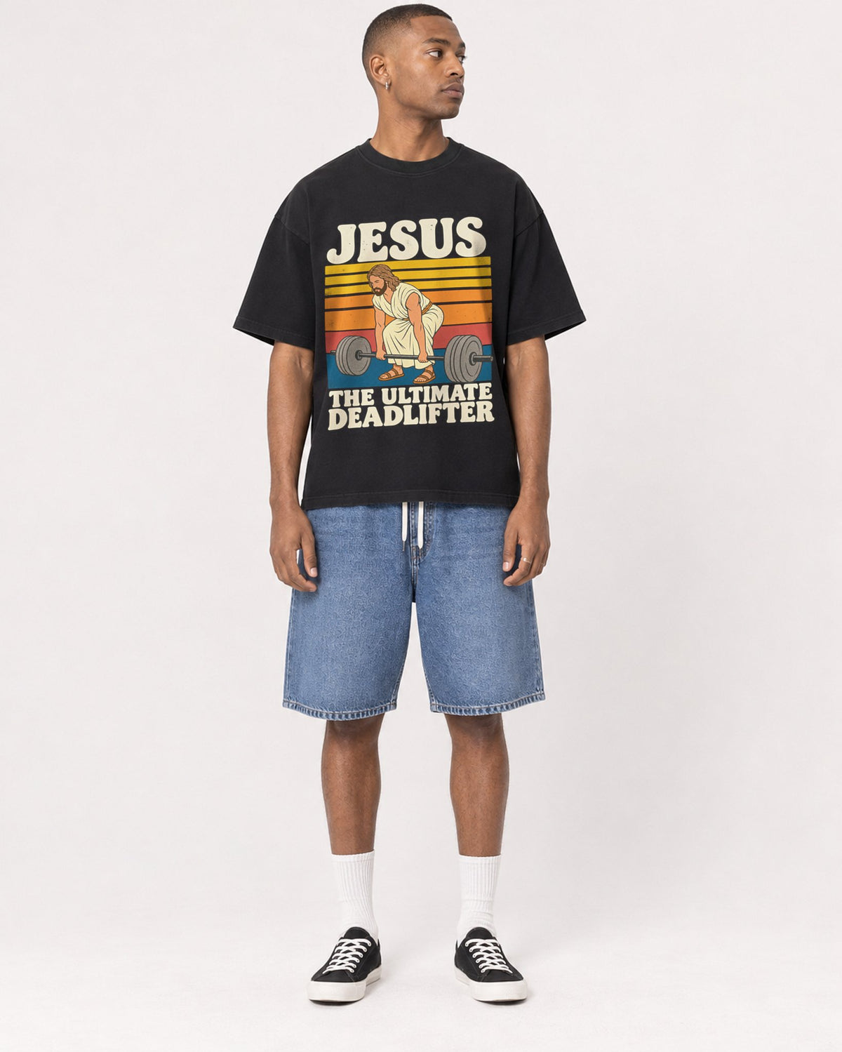 Mockup Boxy Heavyweight Tee Black male full-body 35
