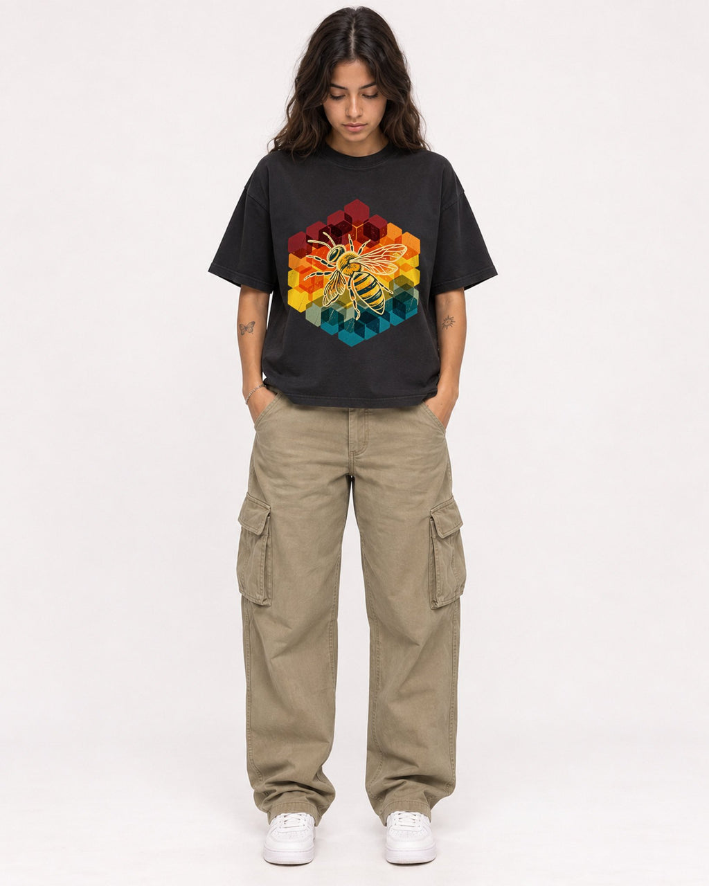 Mockup Boxy Heavyweight Tee Black female full-body 06