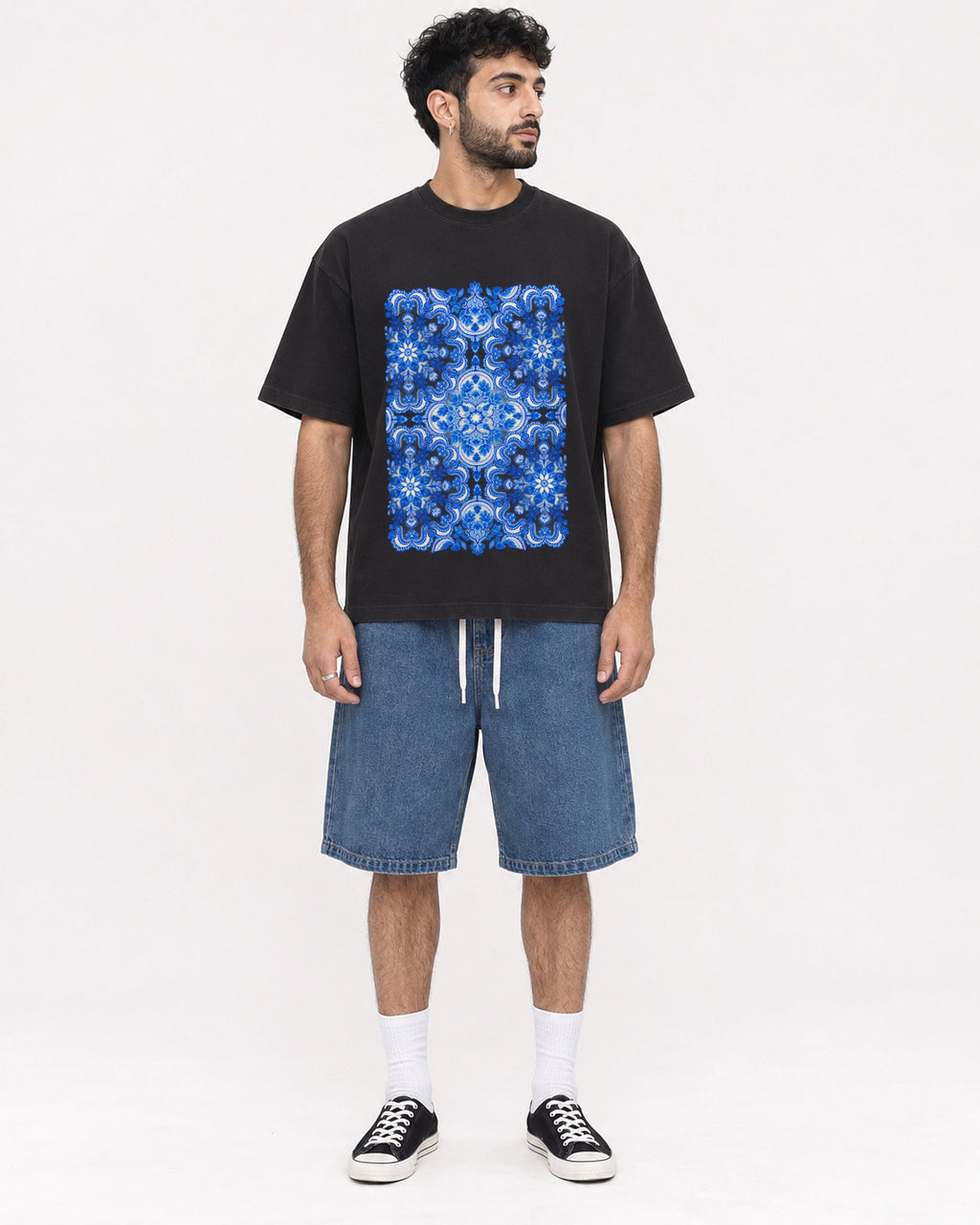Mockup Boxy Heavyweight Tee Black male full-body 07