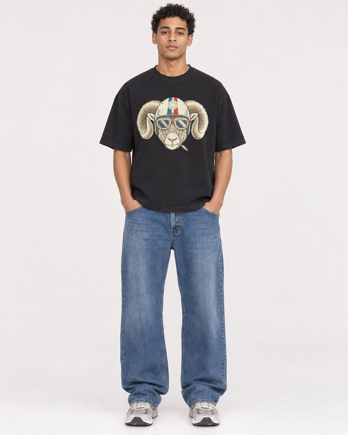 Mockup Boxy Heavyweight Tee Black male full-body 10