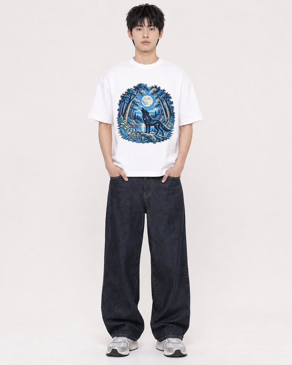 Mockup Boxy Heavyweight Tee White male full-body 01