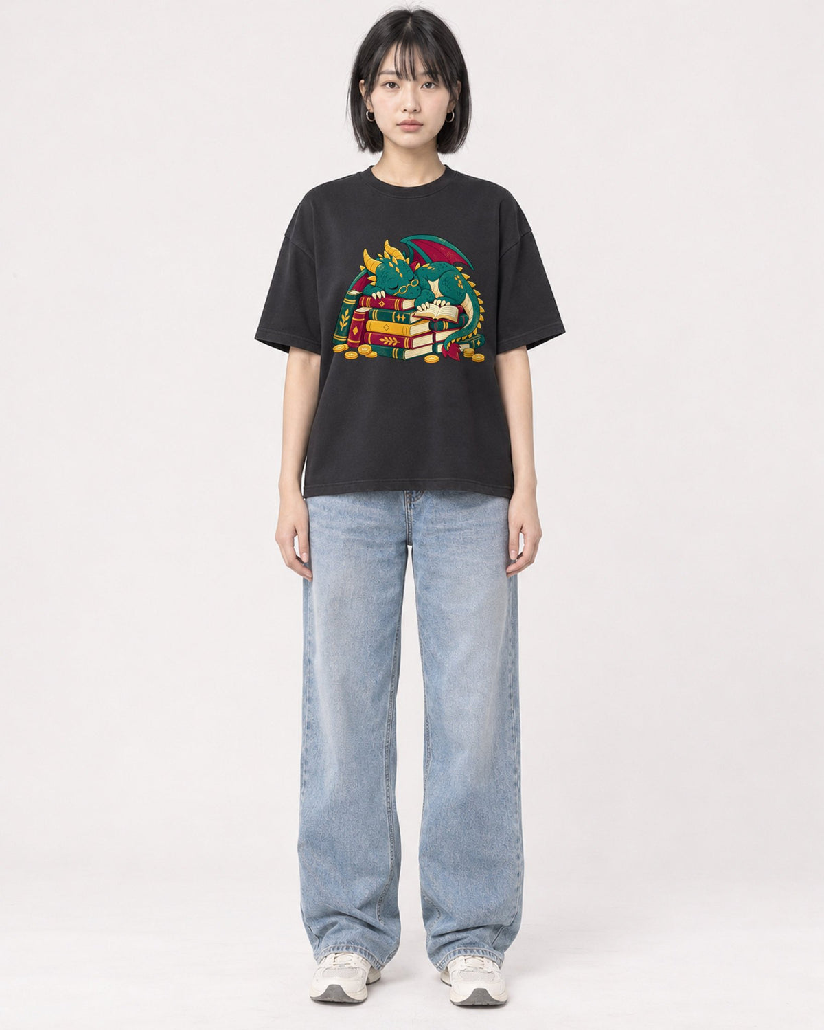 Mockup Boxy Heavyweight Tee Black female full-body 11