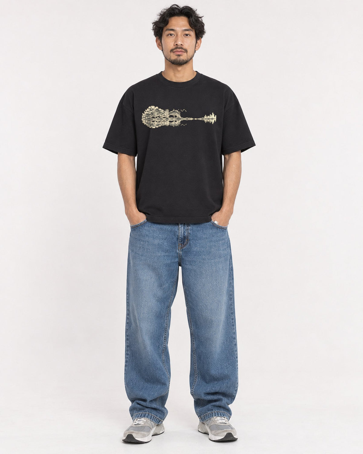Mockup Boxy Heavyweight Tee Black male full-body 02