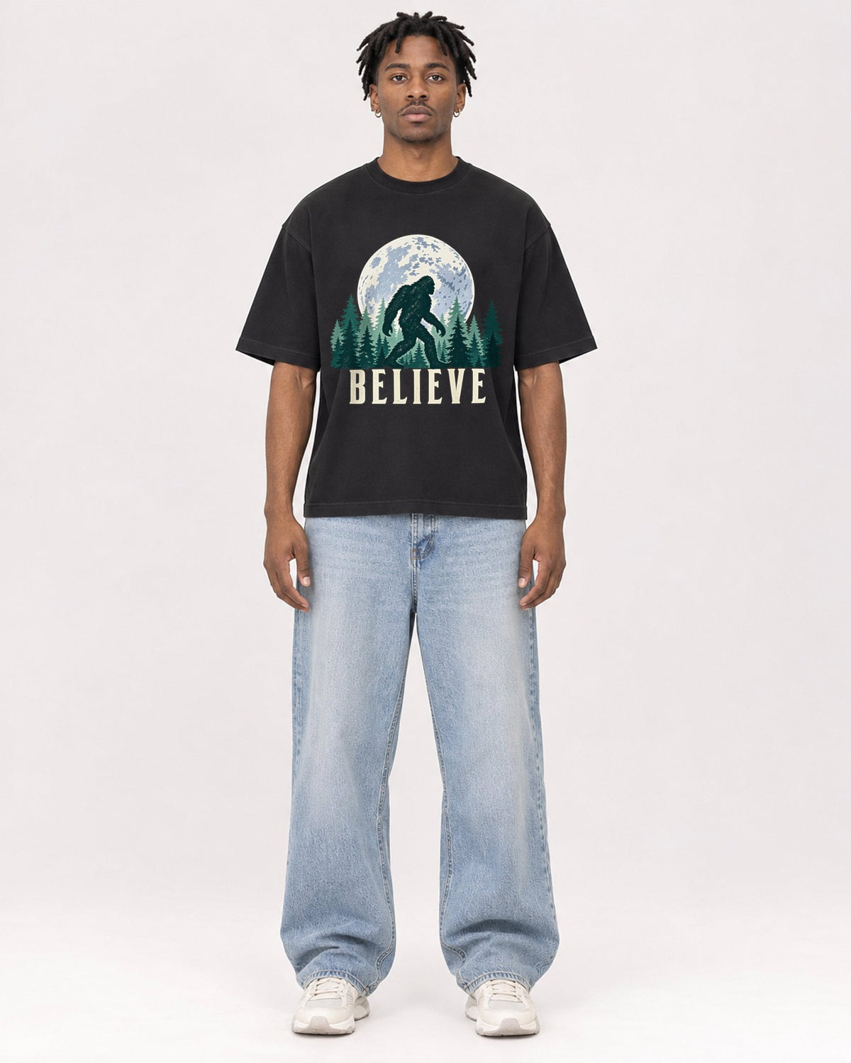 Mockup Boxy Heavyweight Tee Black male full-body 05