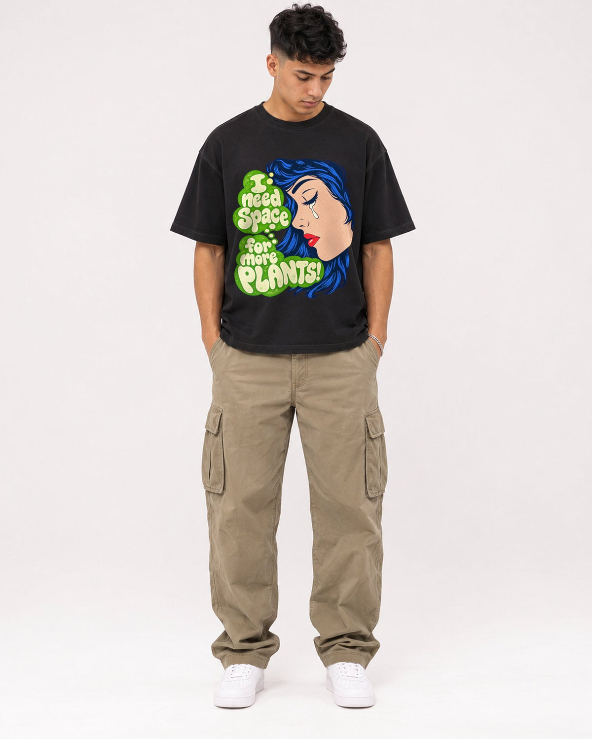 Mockup Boxy Heavyweight Tee Black male full-body 16