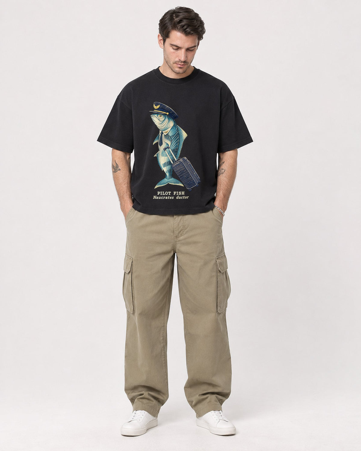 Mockup Boxy Heavyweight Tee Black male full-body 48