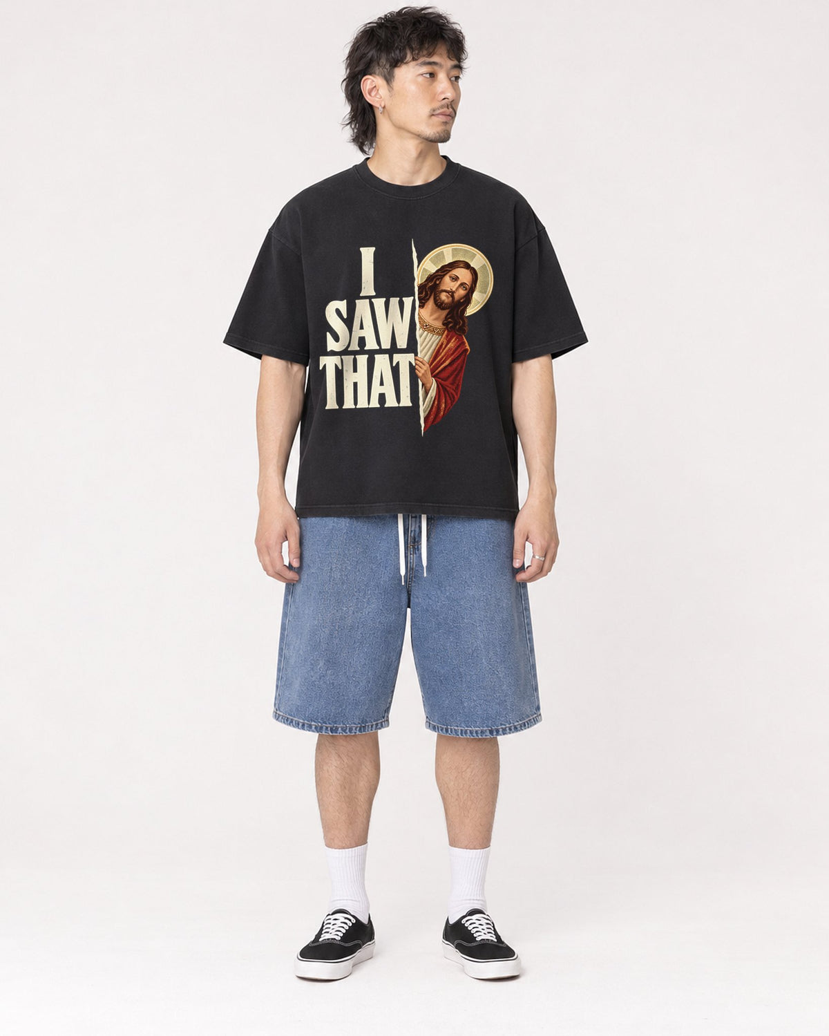 Mockup Boxy Heavyweight Tee Black male full-body 23