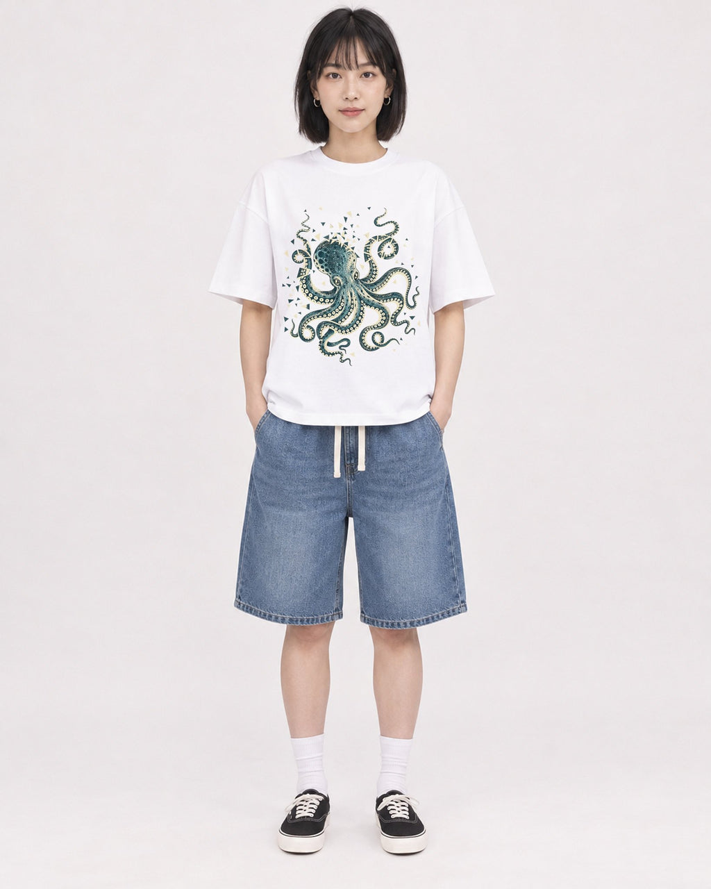 Mockup Boxy Heavyweight Tee White female full-body 11