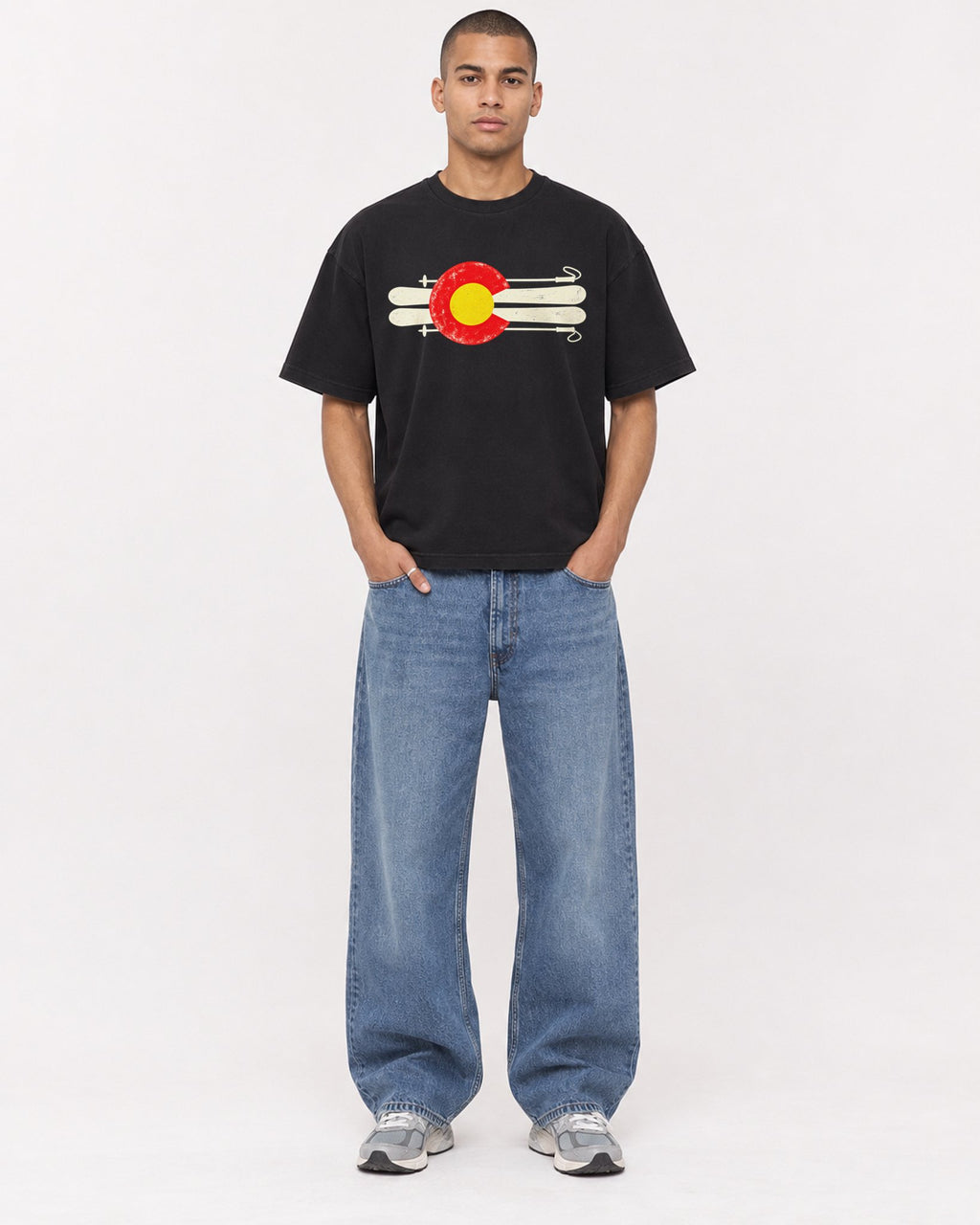 Mockup Boxy Heavyweight Tee Black male full-body 50