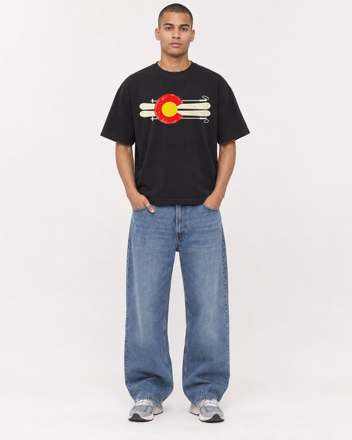Mockup Boxy Heavyweight Tee Black male full-body 50