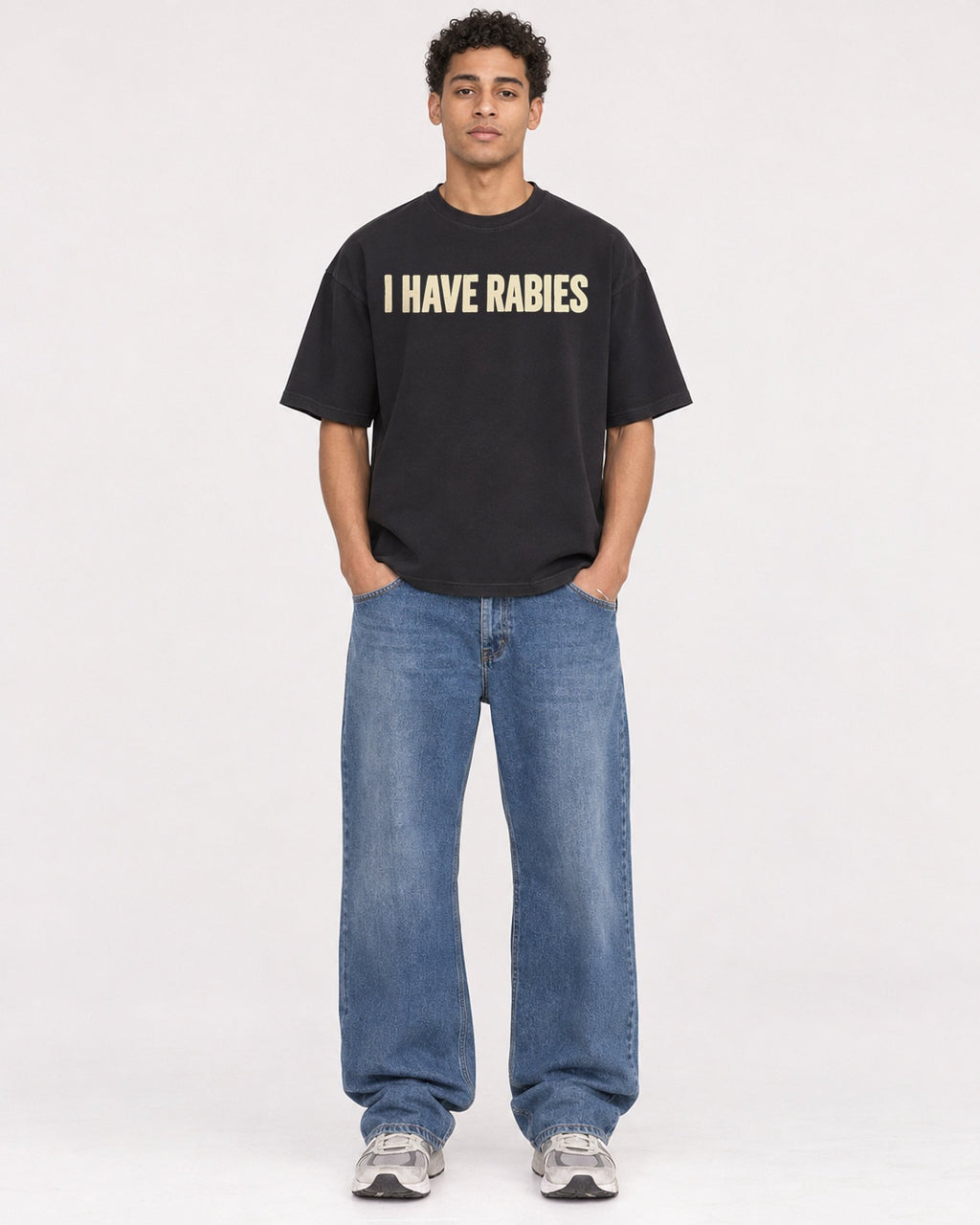 Mockup Boxy Heavyweight Tee Black male full-body 10