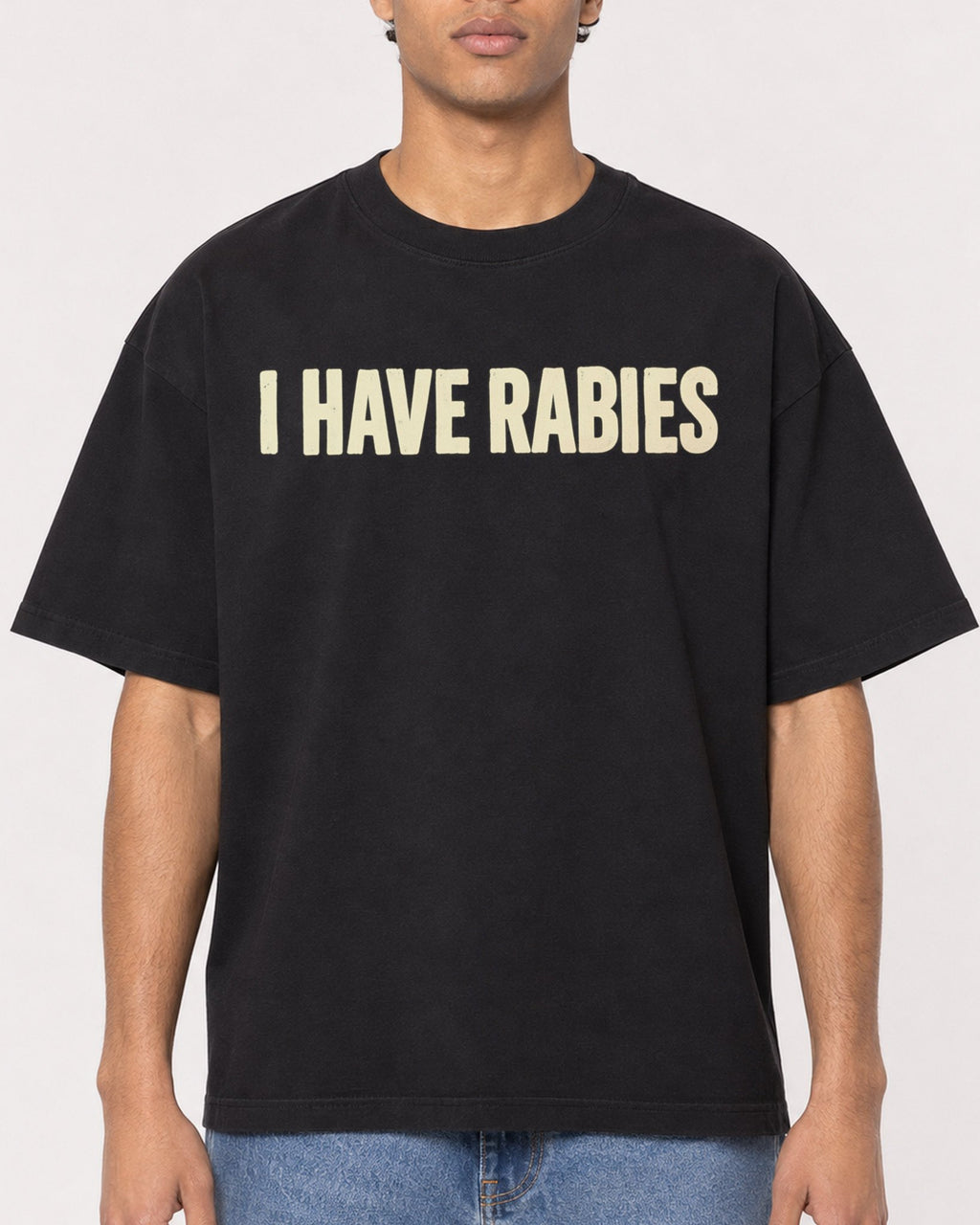 Mockup Boxy Heavyweight Tee Black male close-up 10