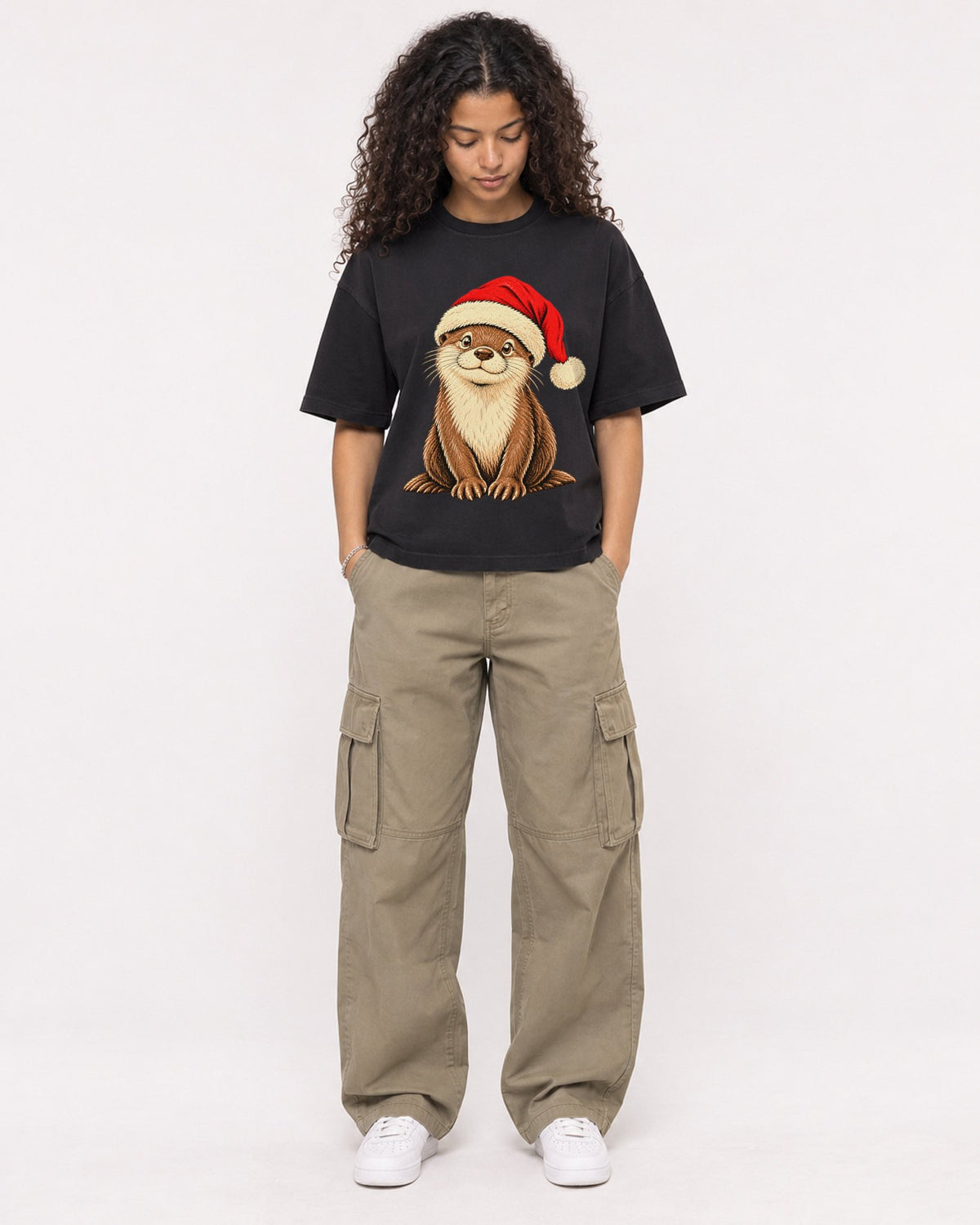Mockup Boxy Heavyweight Tee Black female full-body 10