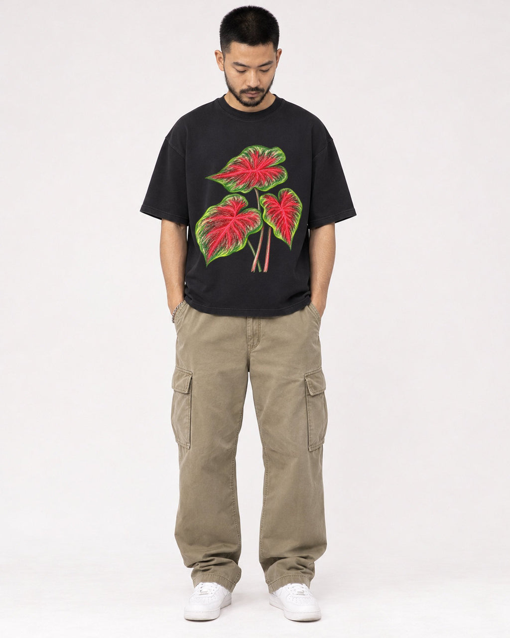Mockup Boxy Heavyweight Tee Black male full-body 32
