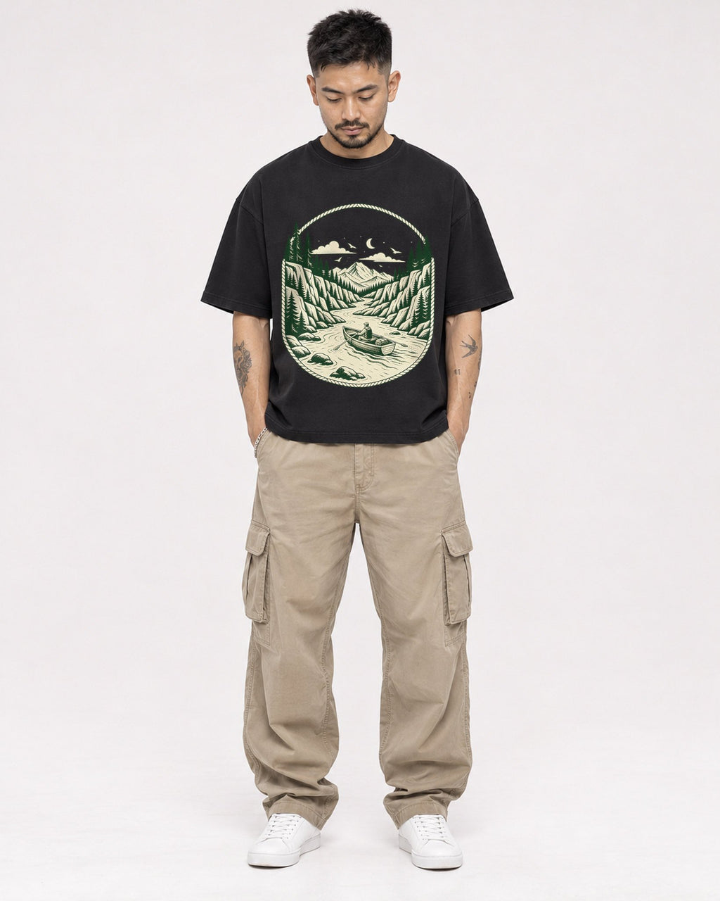 Mockup Boxy Heavyweight Tee Black male full-body 12