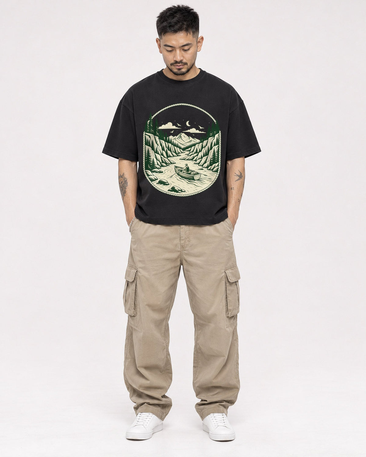 Mockup Boxy Heavyweight Tee Black male full-body 12