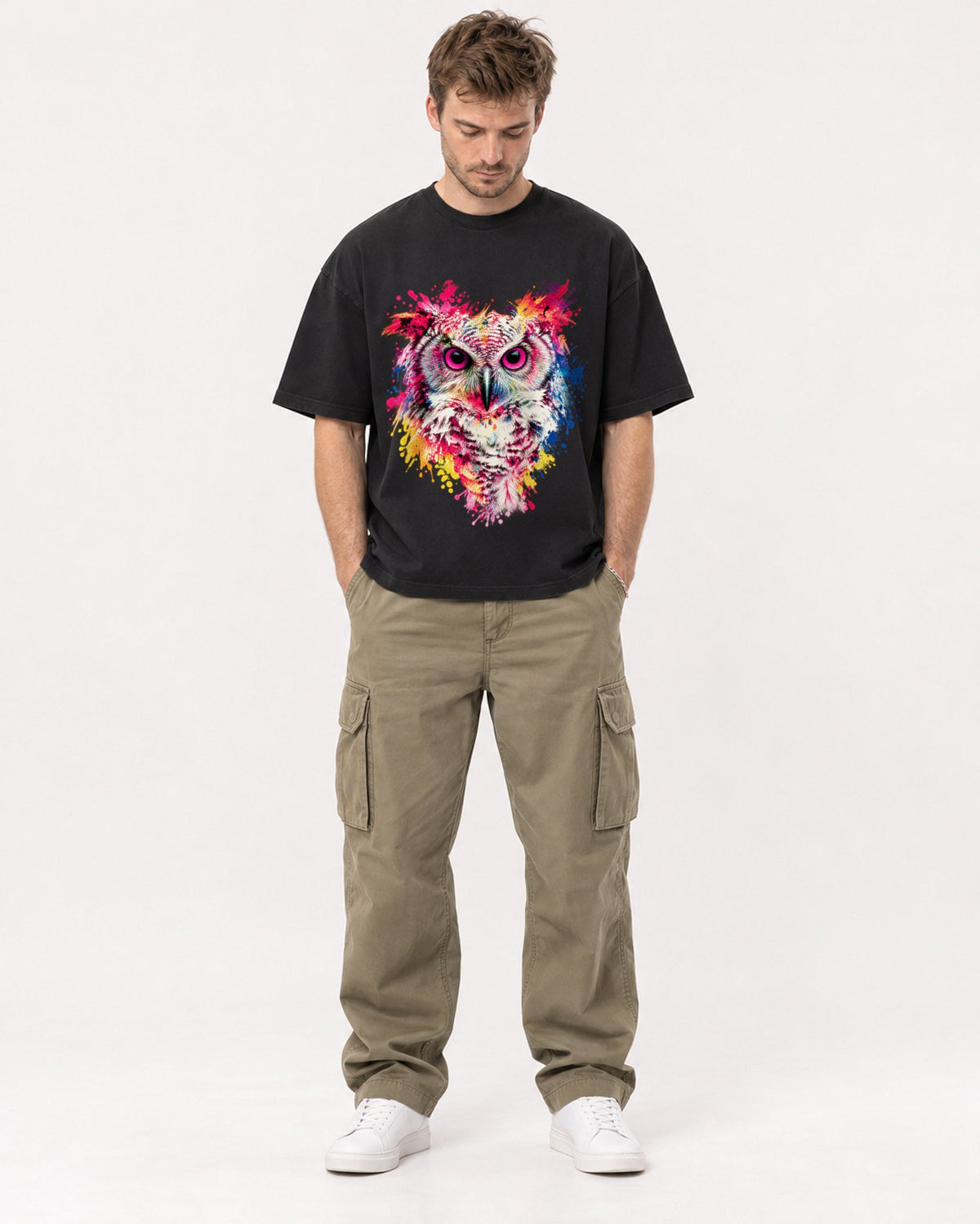 Mockup Boxy Heavyweight Tee Black male full-body 08