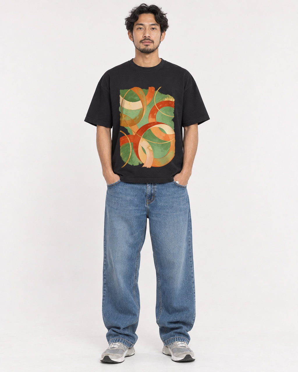 Mockup Boxy Heavyweight Tee Black male full-body 02