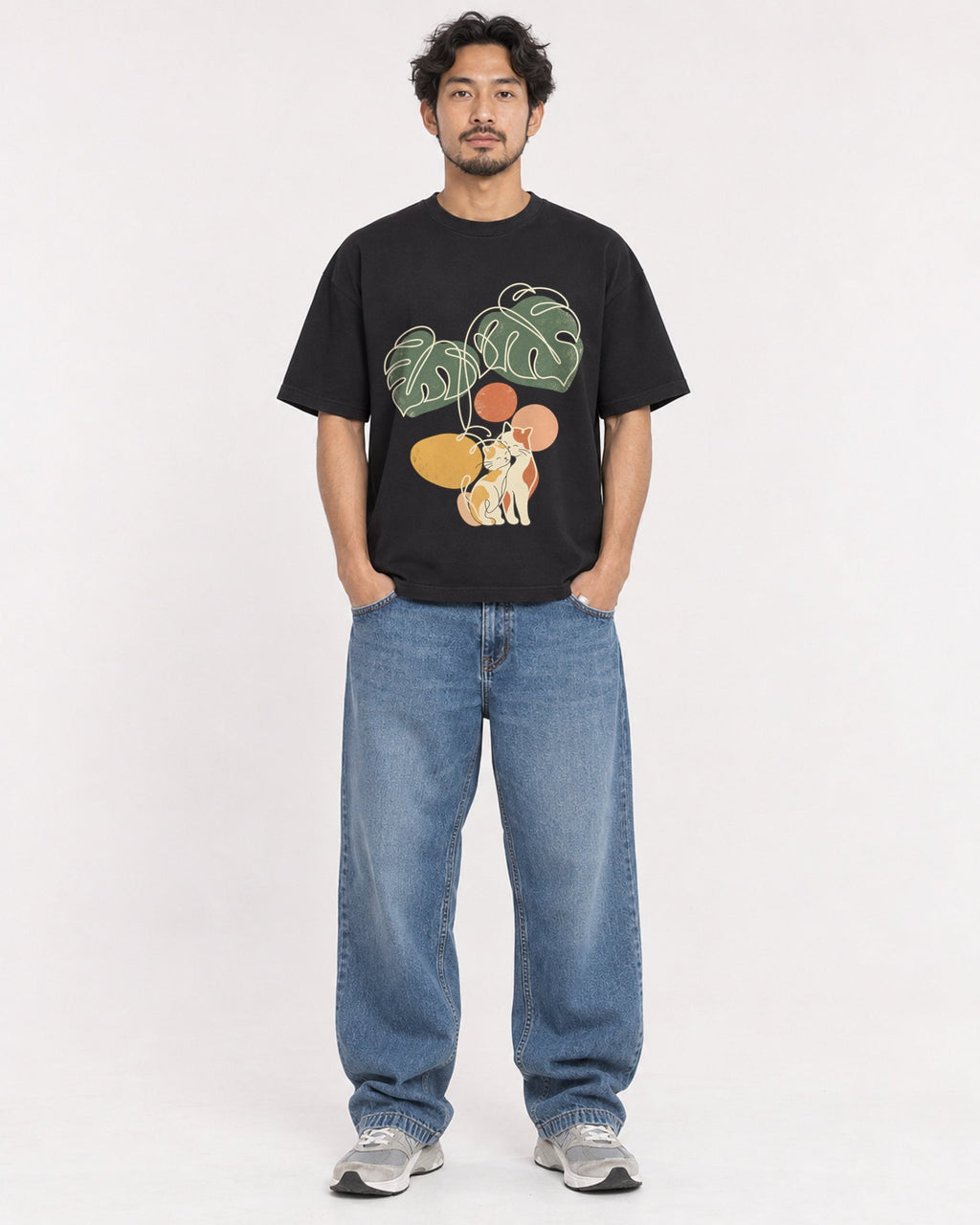 Mockup Boxy Heavyweight Tee Black male full-body 02