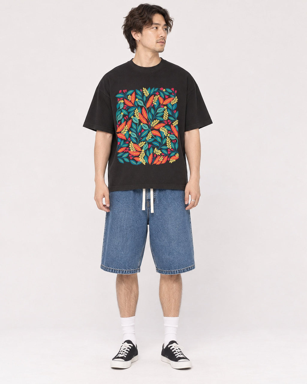 Mockup Boxy Heavyweight Tee Black male full-body 03