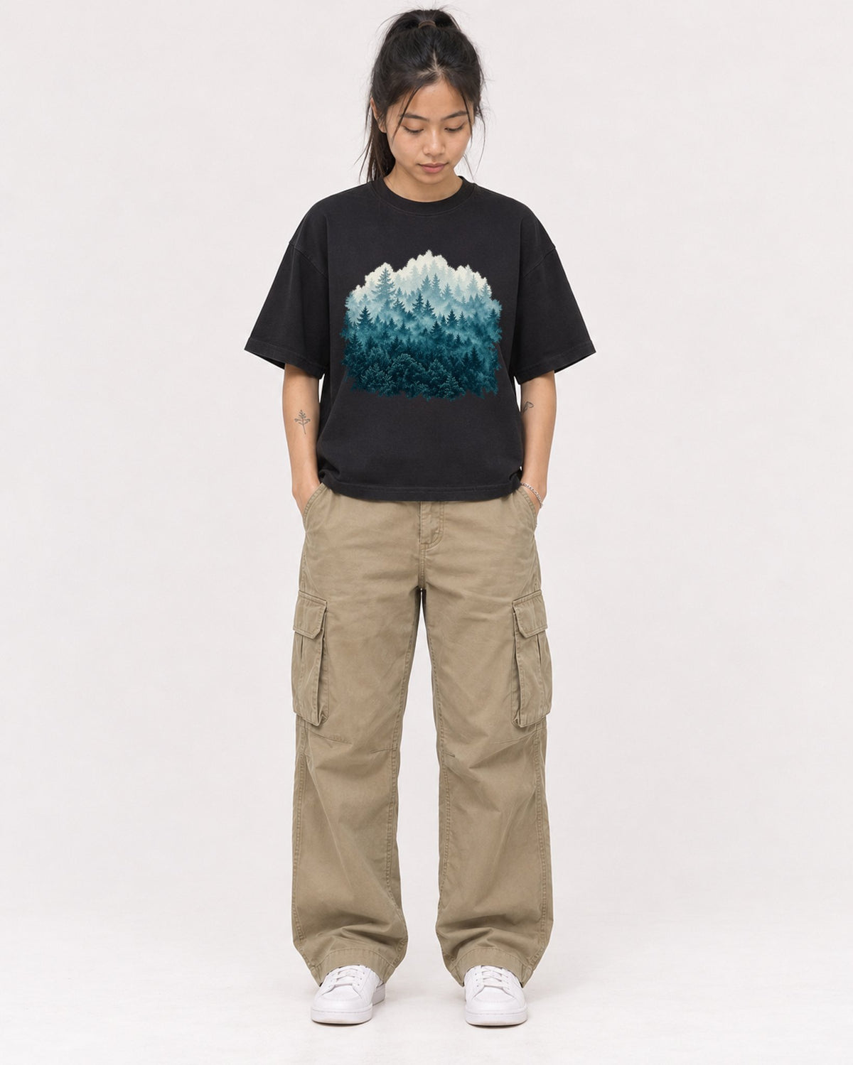 Mockup Boxy Heavyweight Tee Black female full-body 42