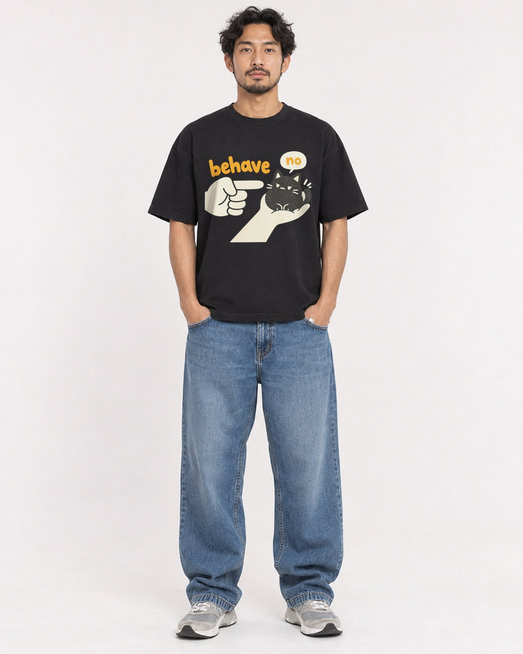 Mockup Boxy Heavyweight Tee Black male full-body 02
