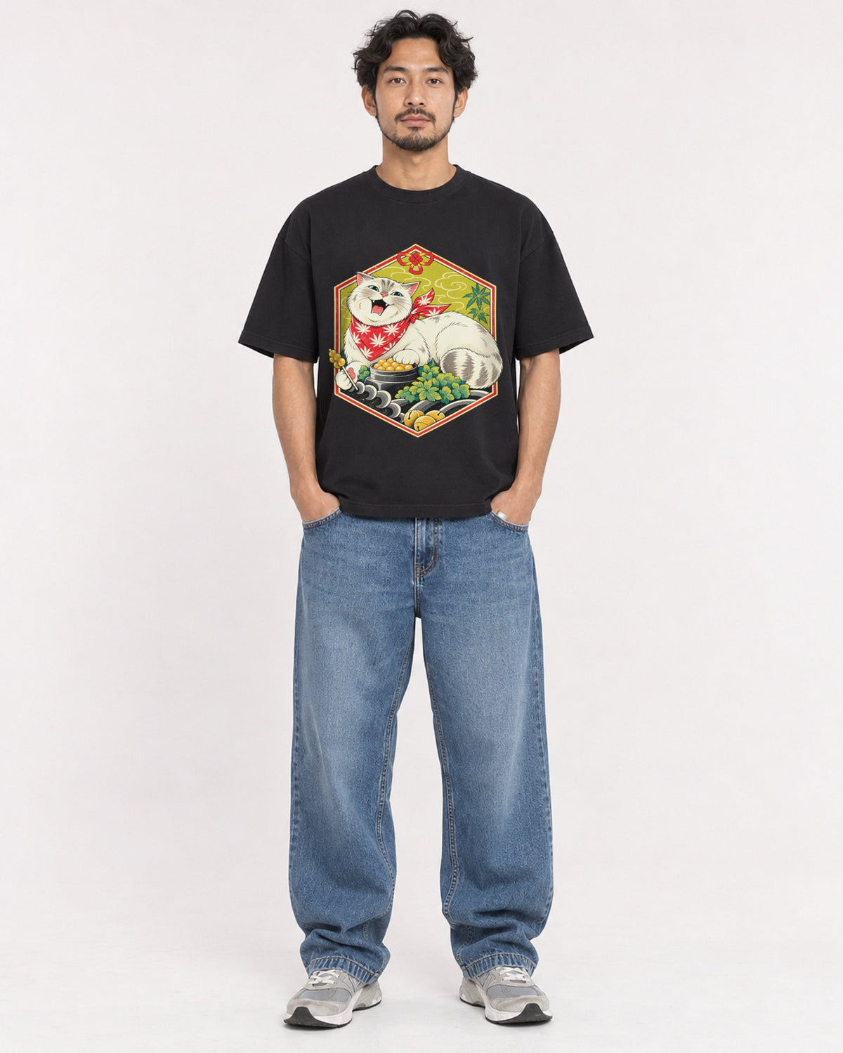 Mockup Boxy Heavyweight Tee Black male full-body 02