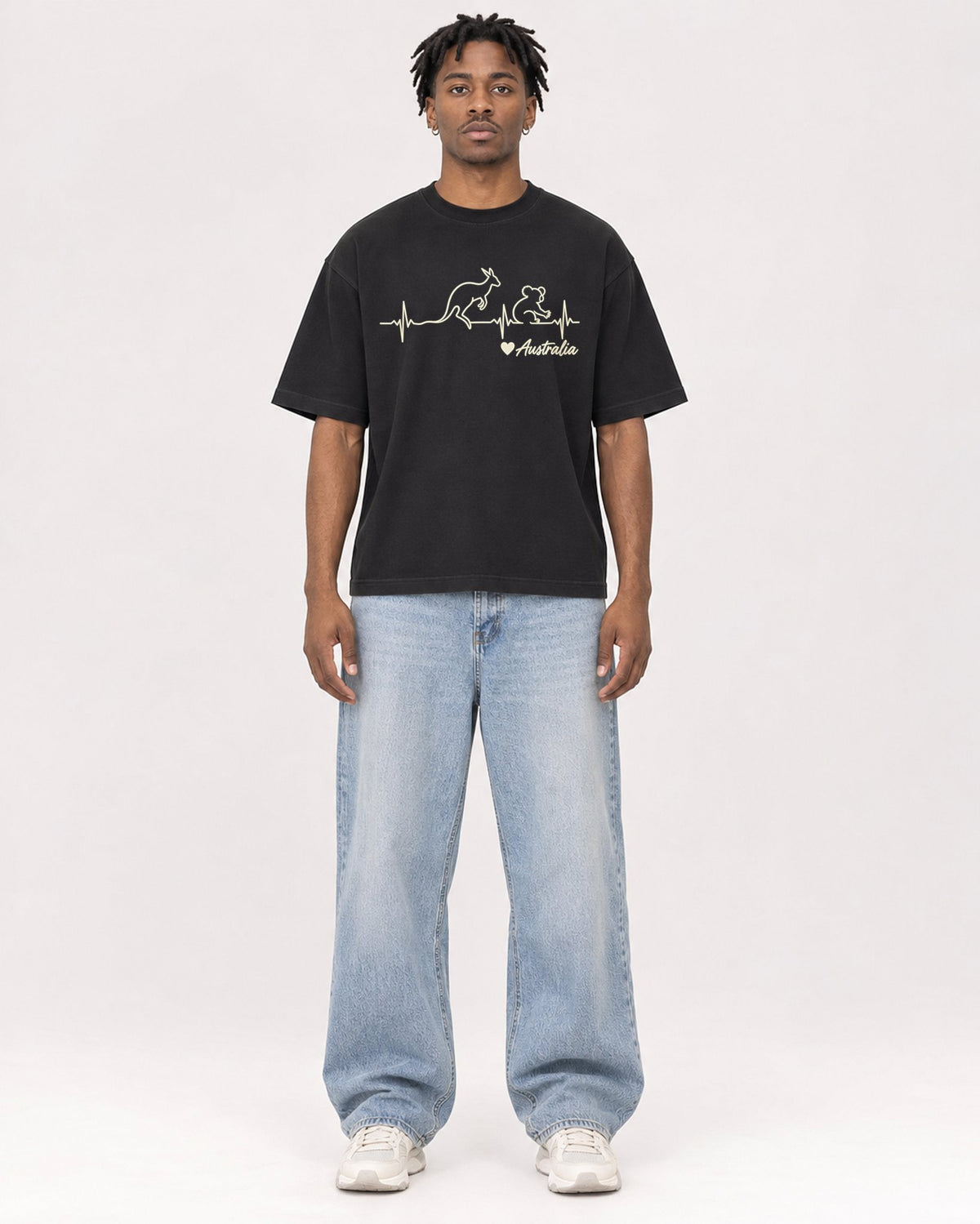Mockup Boxy Heavyweight Tee Black male full-body 05