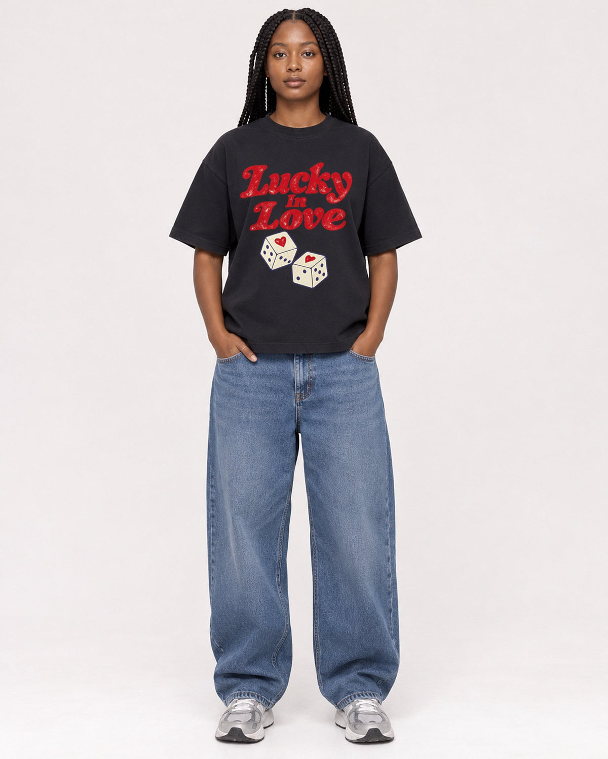 Mockup Boxy Heavyweight Tee Black female full-body 04
