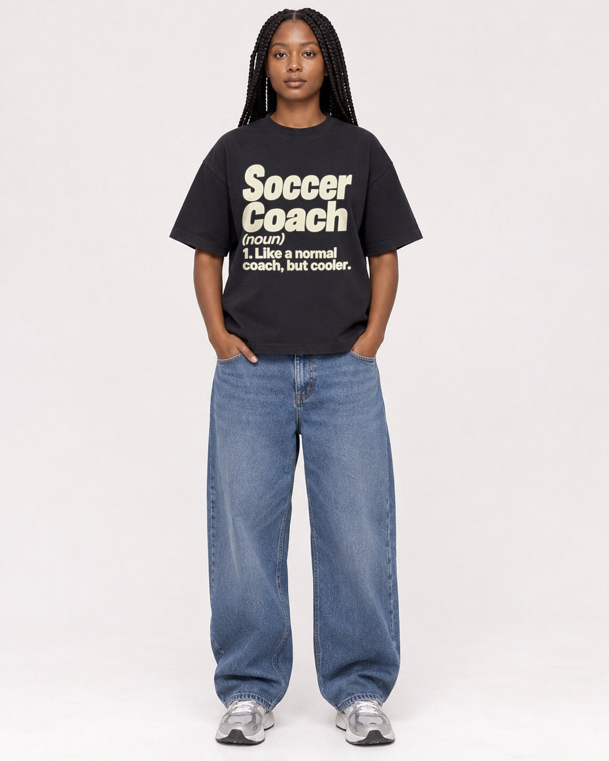 Mockup Boxy Heavyweight Tee Black female full-body 04