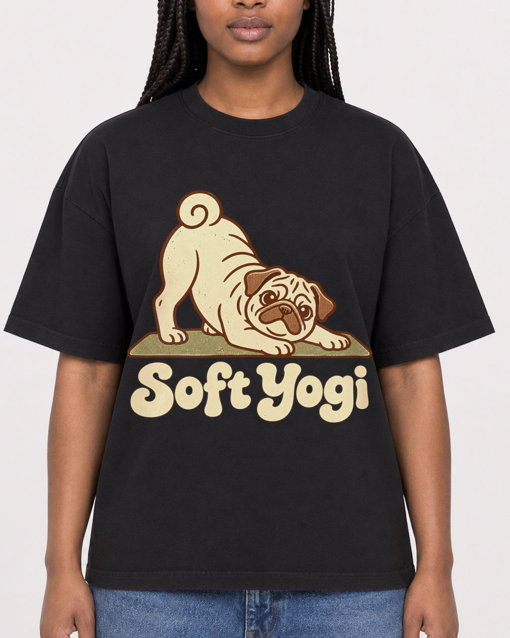 Mockup Boxy Heavyweight Tee Black female close-up 04