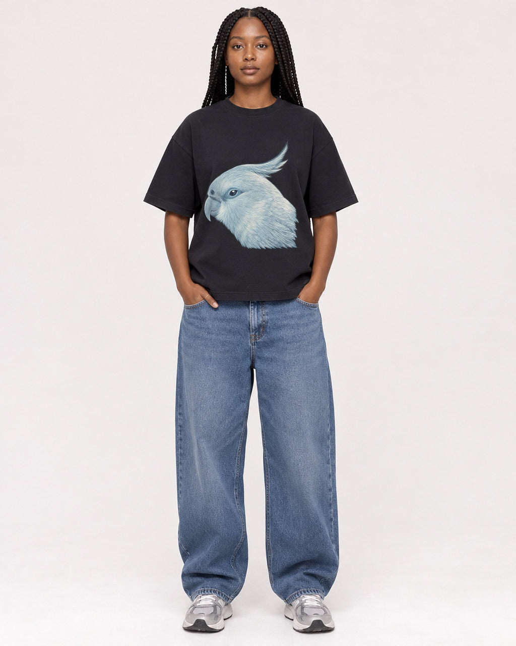 Mockup Boxy Heavyweight Tee Black female full-body 04
