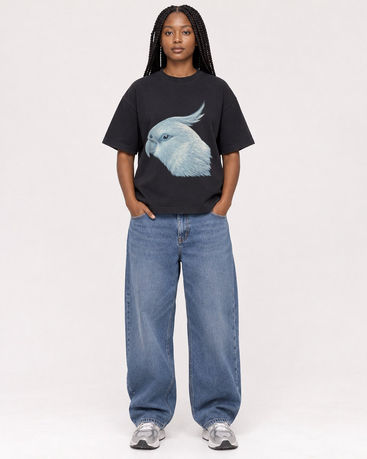 Mockup Boxy Heavyweight Tee Black female full-body 04