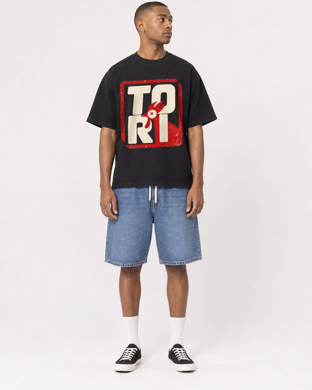 Mockup Boxy Heavyweight Tee Black male full-body 35