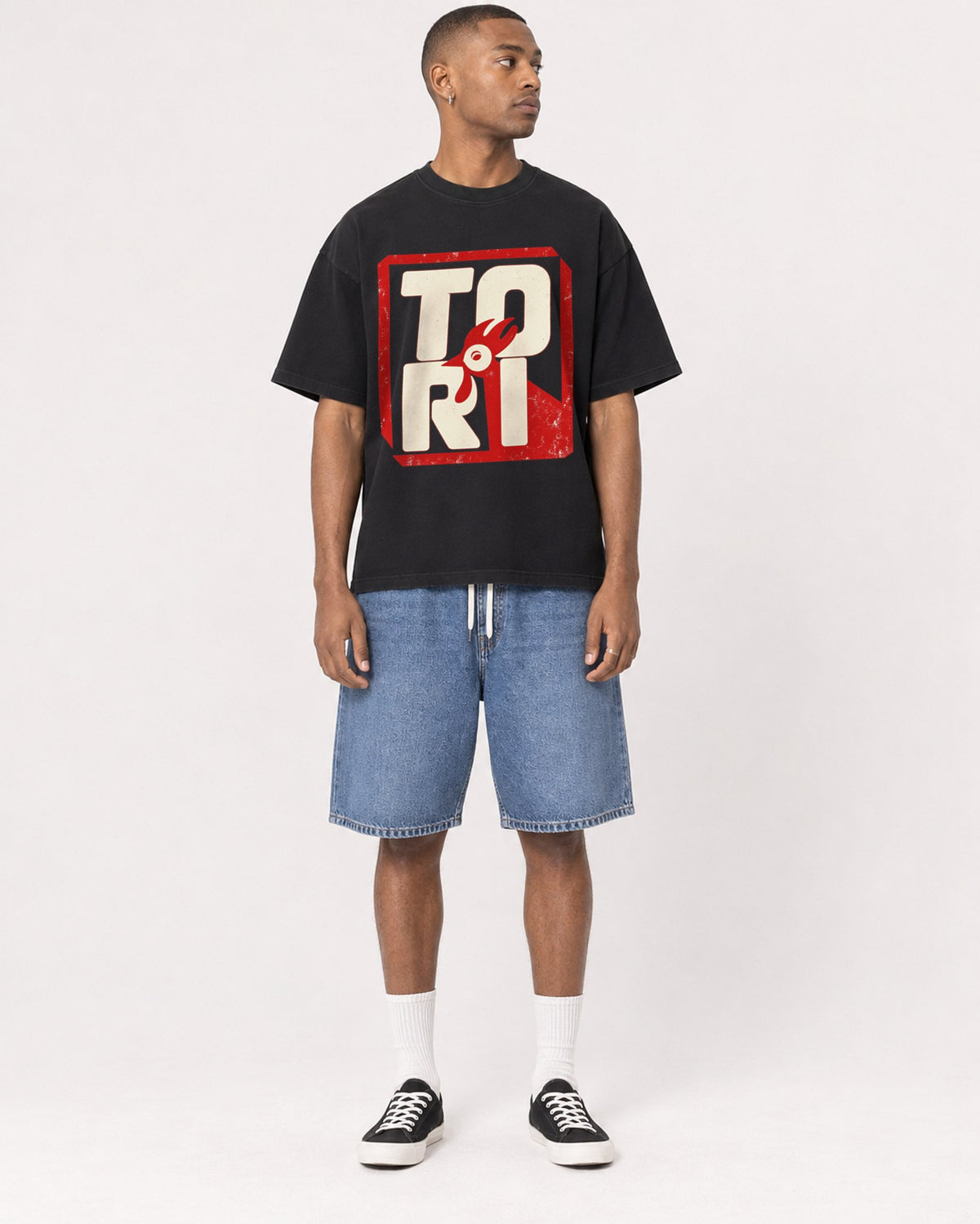 Mockup Boxy Heavyweight Tee Black male full-body 35