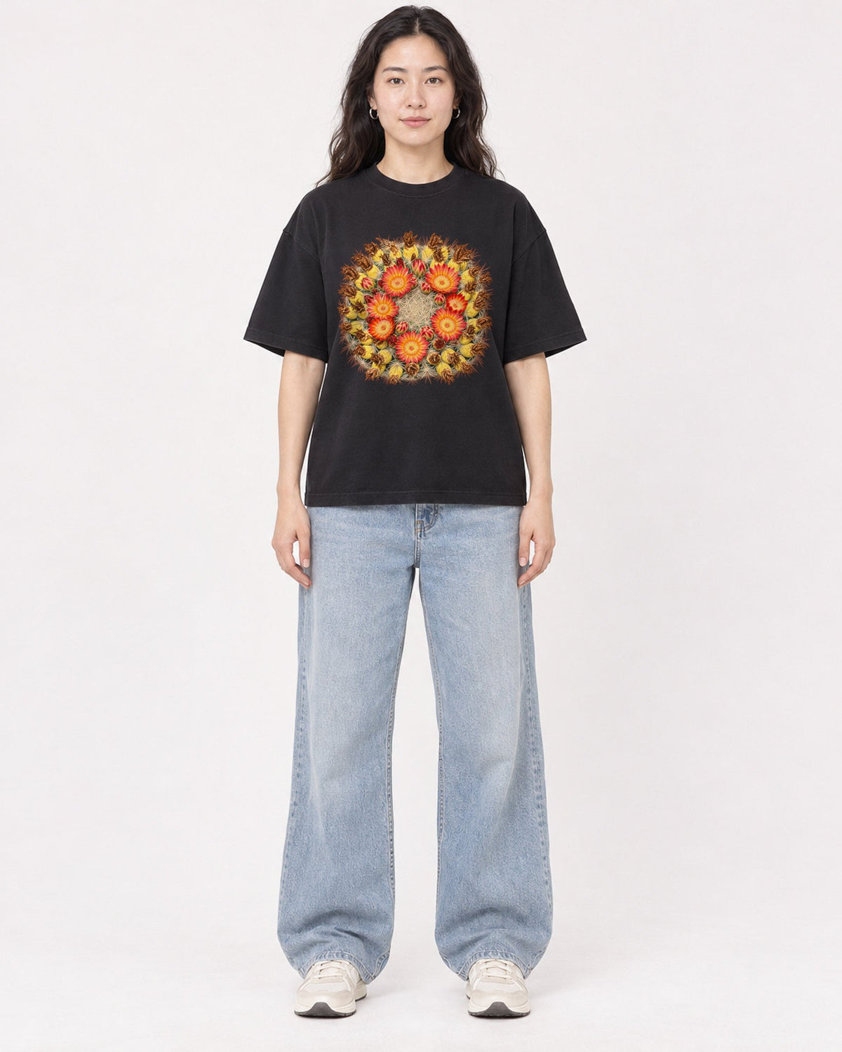 Mockup Boxy Heavyweight Tee Black female full-body 03