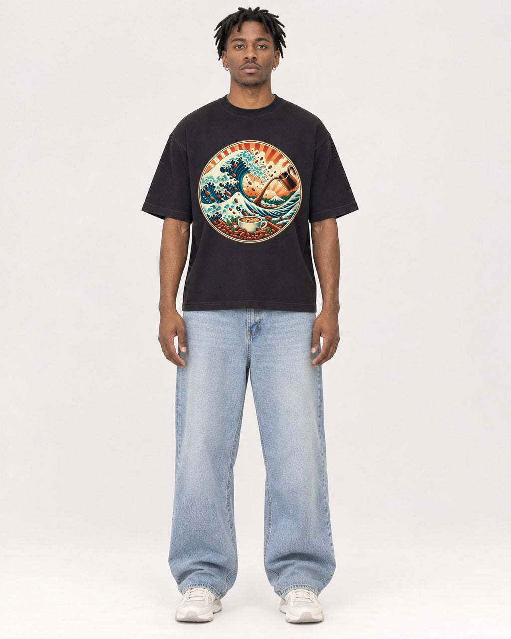 Mockup Boxy Heavyweight Tee Black male full-body 05