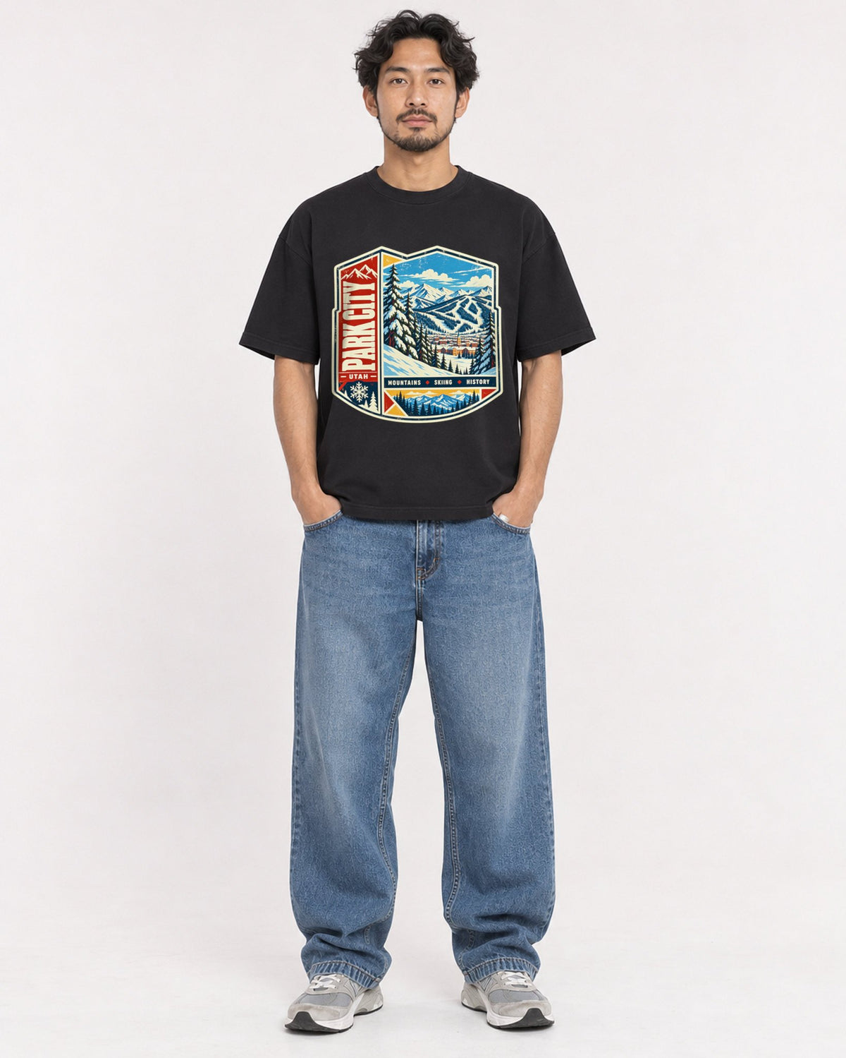 Mockup Boxy Heavyweight Tee Black male full-body 02