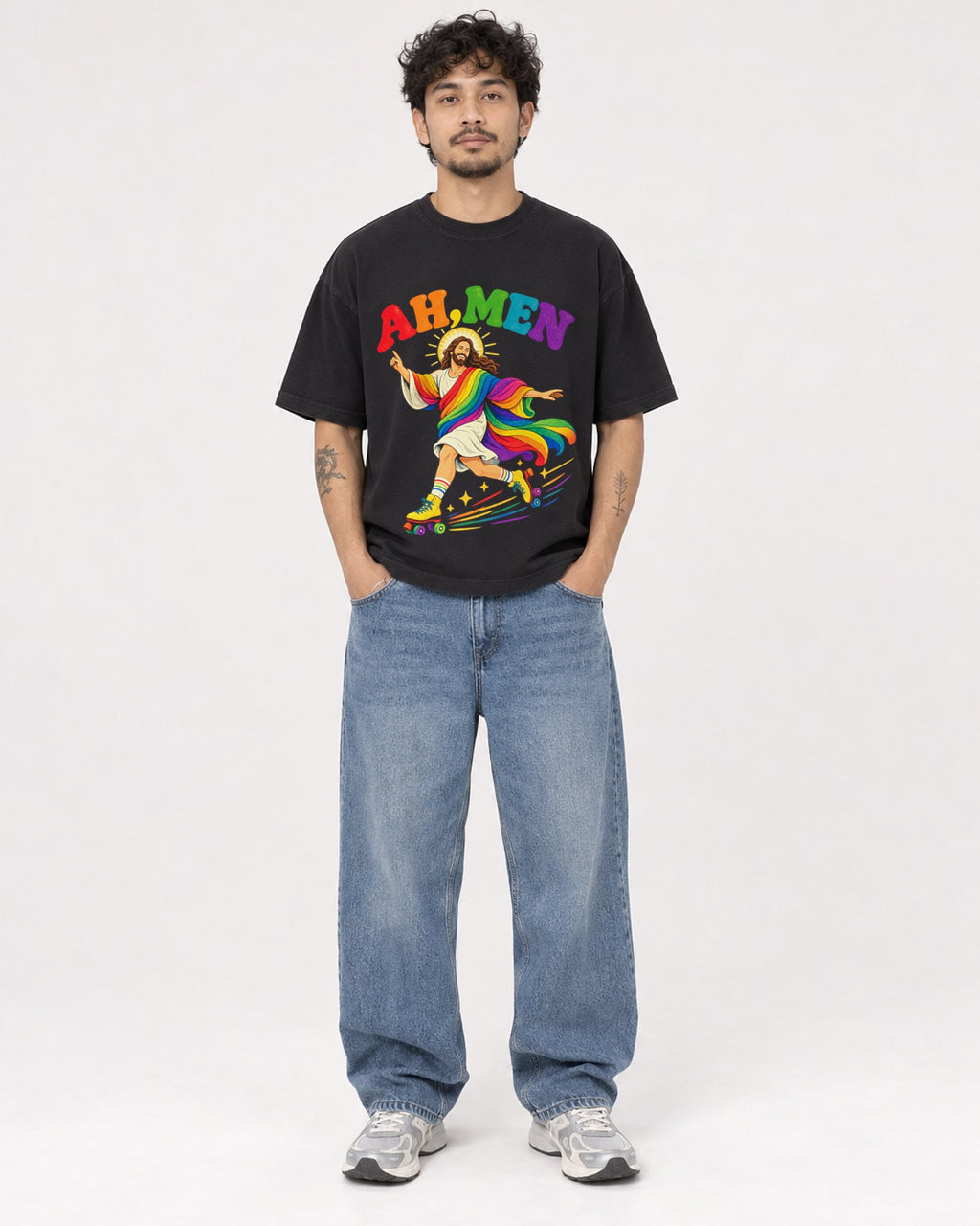 Mockup Boxy Heavyweight Tee Black male full-body 42