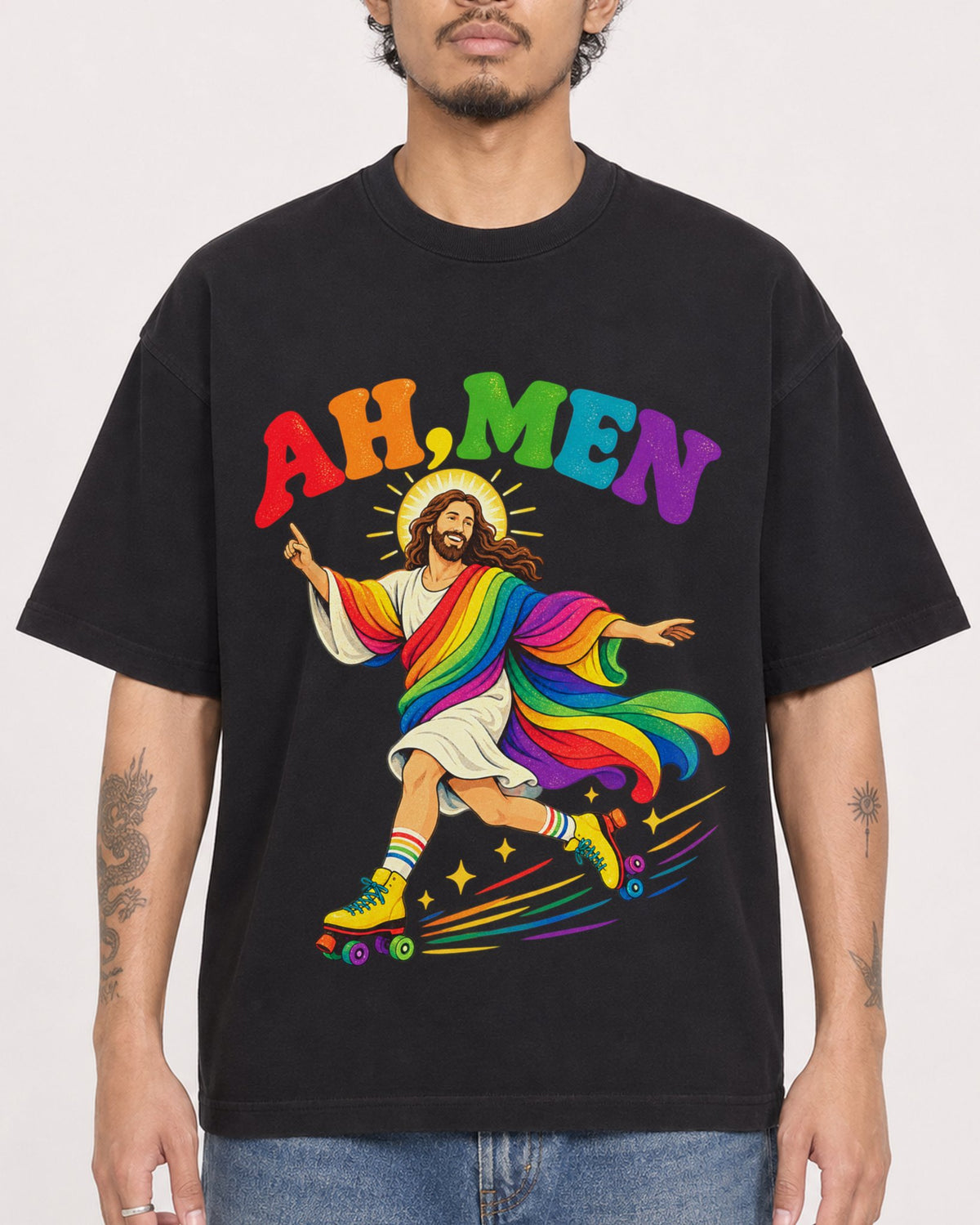 Mockup Boxy Heavyweight Tee Black male close-up 42